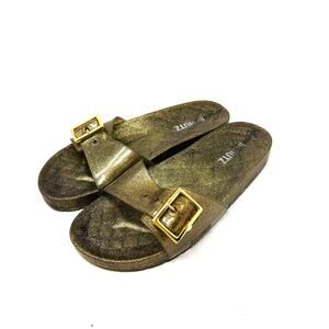 Shutz Women's Gold Jelly Slip On Big Buckle Slip On Sandals Size 8